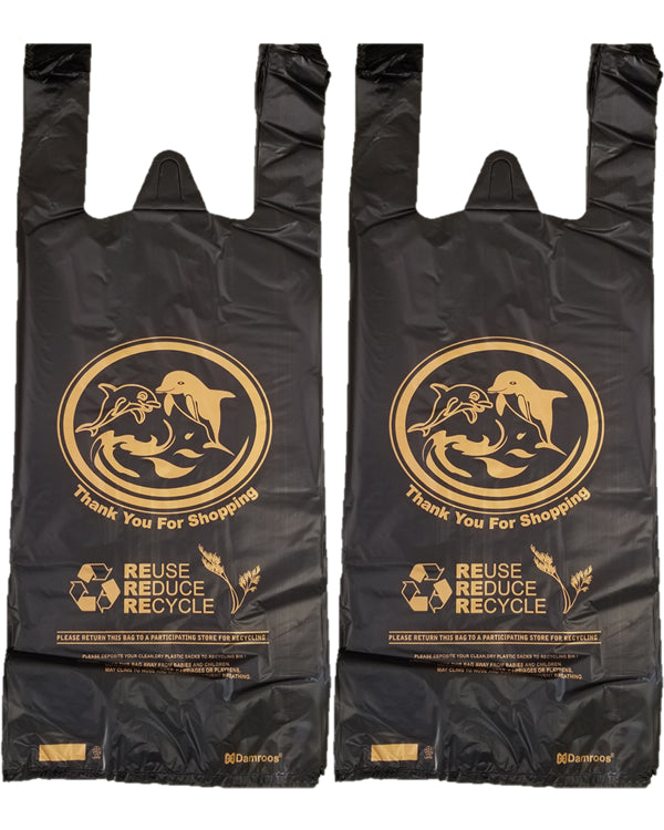 Two Bottle Black Plastic Shopping Bags - Dolphin Printed With Gold Color-1,000 Bags / Box