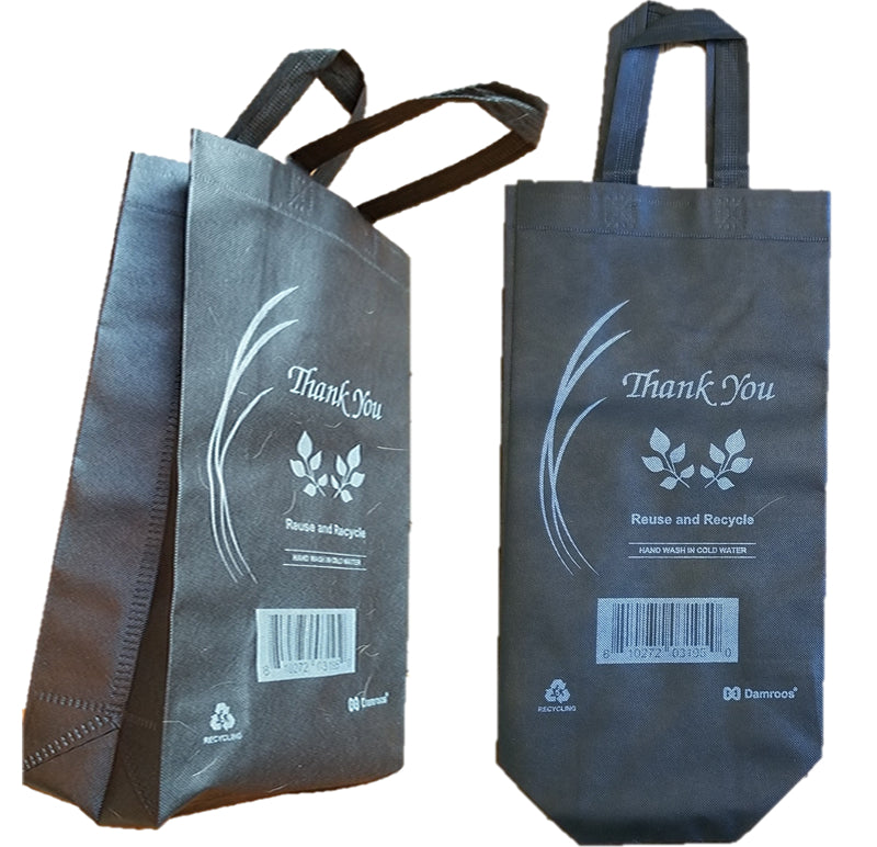 100 Reusable, Two Bottle, Stitched Handle, Non Woven Polypropylene Black Bags