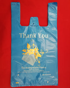 Medium Size Blue Oxo-Biodegradable Plastic Shopping Bags With Thank You Printed