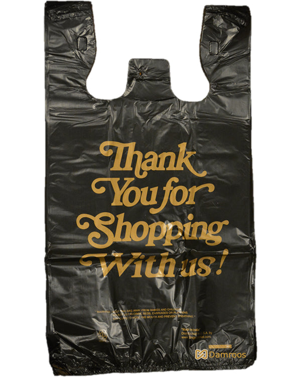 18,000 Count, Super Strong, 10" W x 7" D x 20"H, Black, Plastic Shopping Bags With Printed Thank You In Gold Color