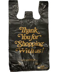 18,000 Count, Super Strong, 10" W x 7" D x 20"H, Black, Plastic Shopping Bags With Printed Thank You In Gold Color