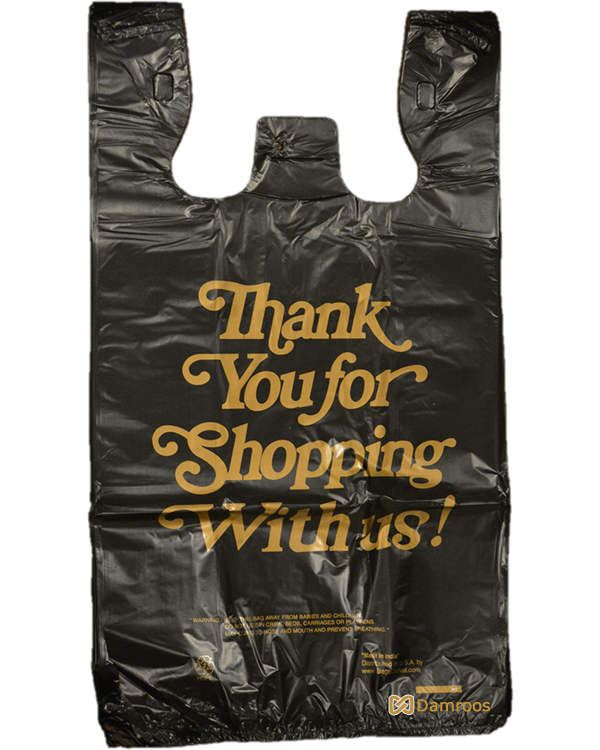 700 Count, Black, Heavy Duty, 12" W x 6" D x 22" H, Thank You Printed, Plastic Shopping Bags