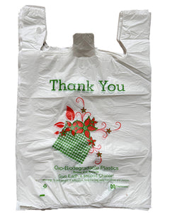 Mini Jumbo, 16" W x 8" D x 26" H, Oxo Biodegradable, White, Thank You Printed, Plastic Shopping Bags, 500 Bags/Box